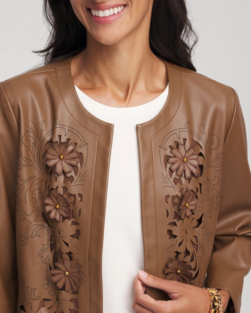 Chico's Floral Cutwork Faux Leather Jacket