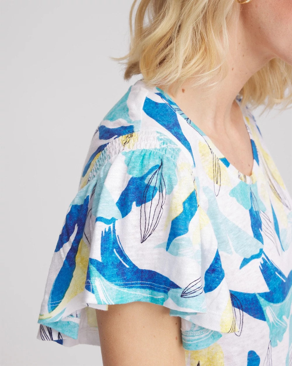 Chico's Linen Smocked Flutter-Sleeved Tee