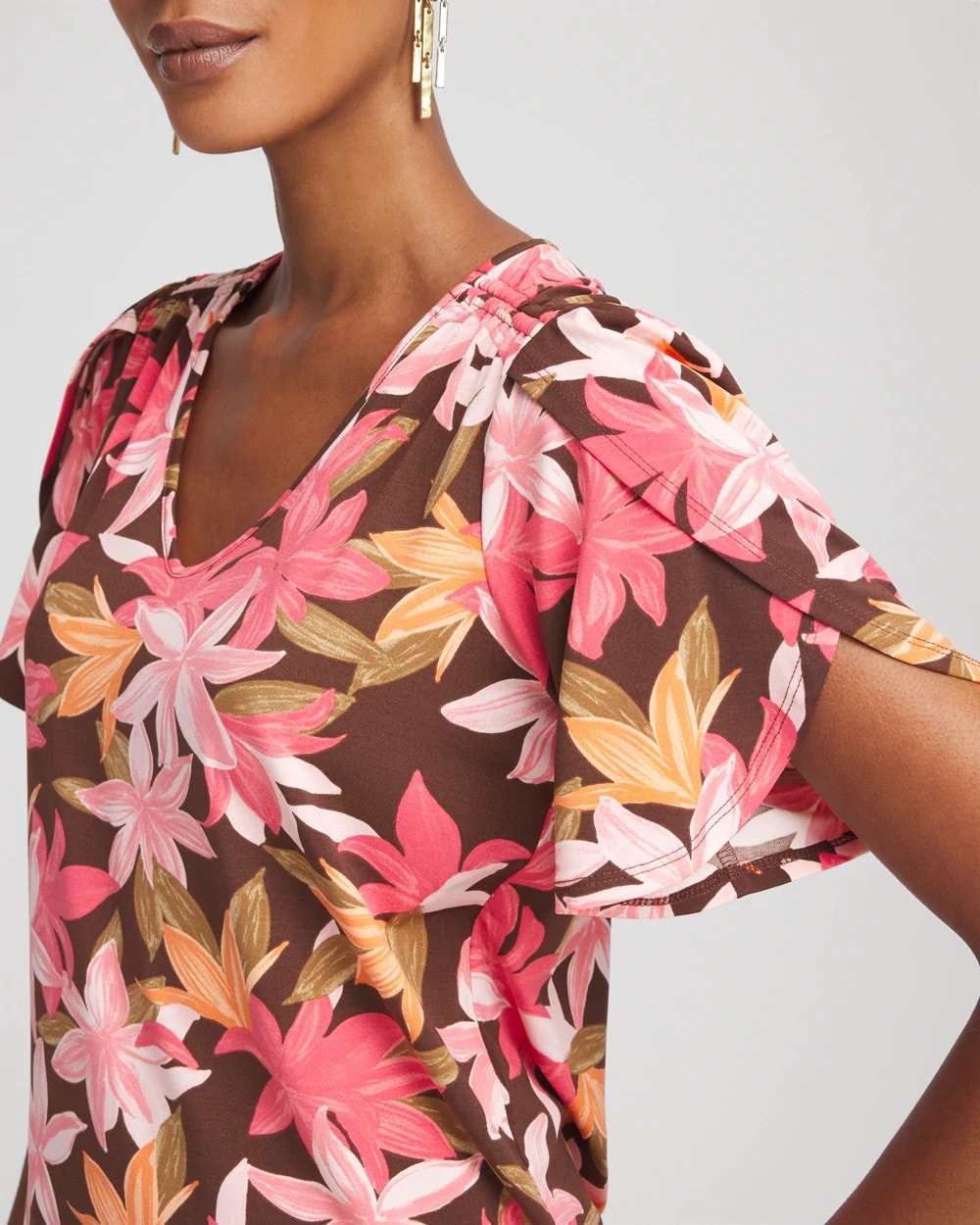 Chico's Floral Petal-Sleeve Voop Neck Tee