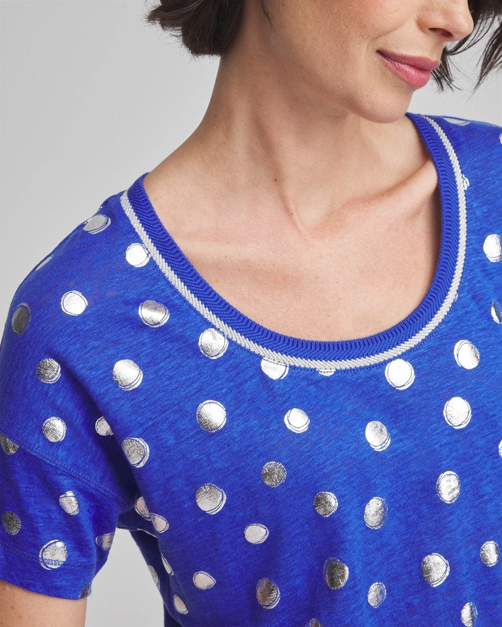 Chico's Foiled Polka-Dot Sweater-Trim Linen Tee