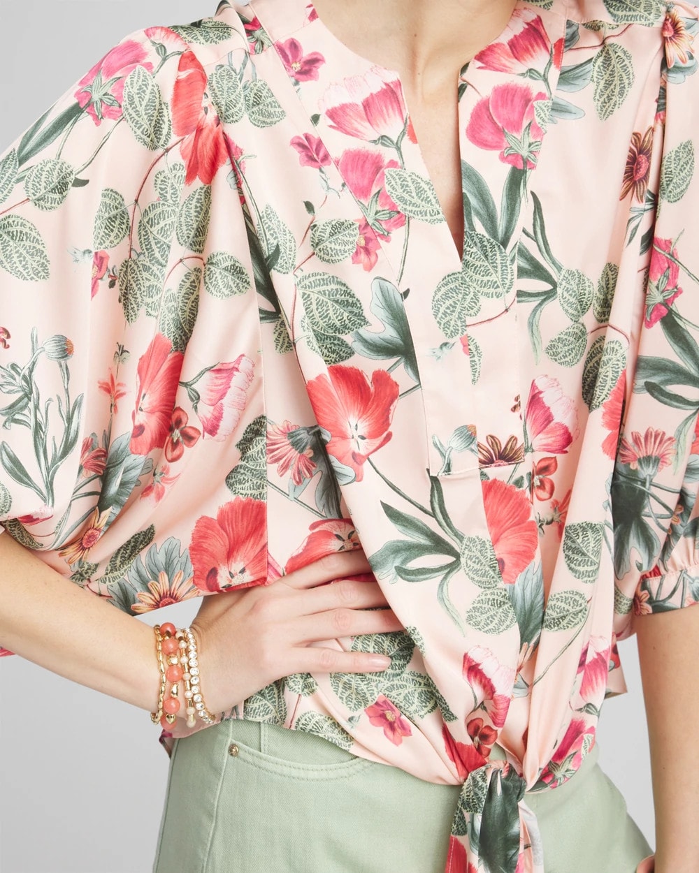 Chico's Floral Satin Tie-Front Pullover Top