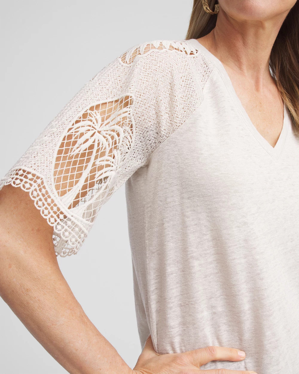 Chico's Linen Crochet Lace Short Sleeve Tee