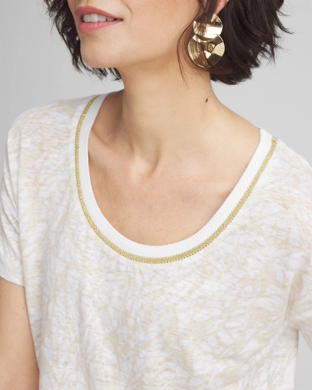 Chico's Printed Sweater Trim Linen Tee