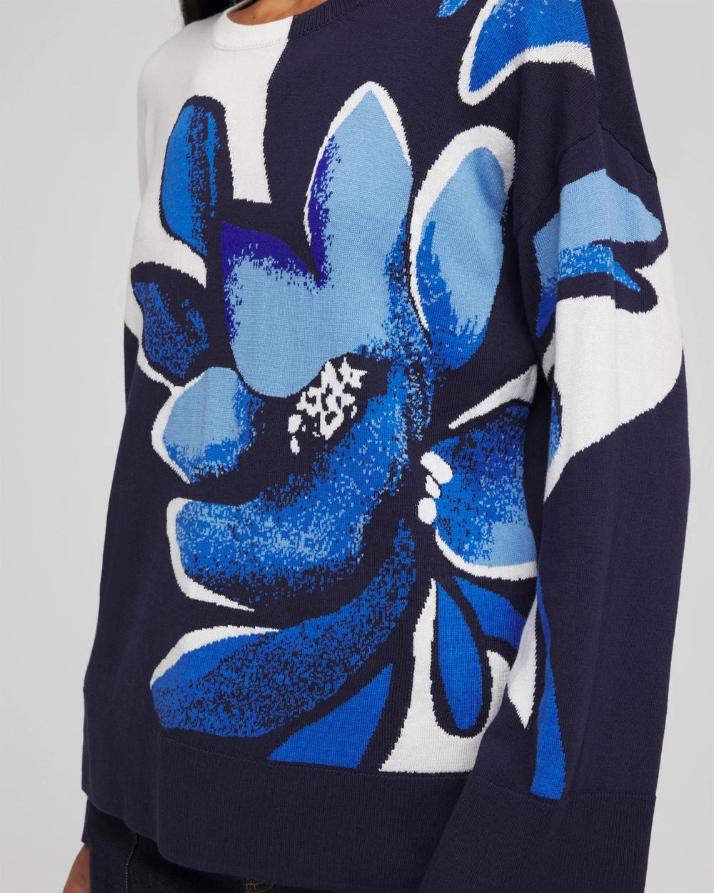 Chico's Floral Intarsia Crewneck Pullover