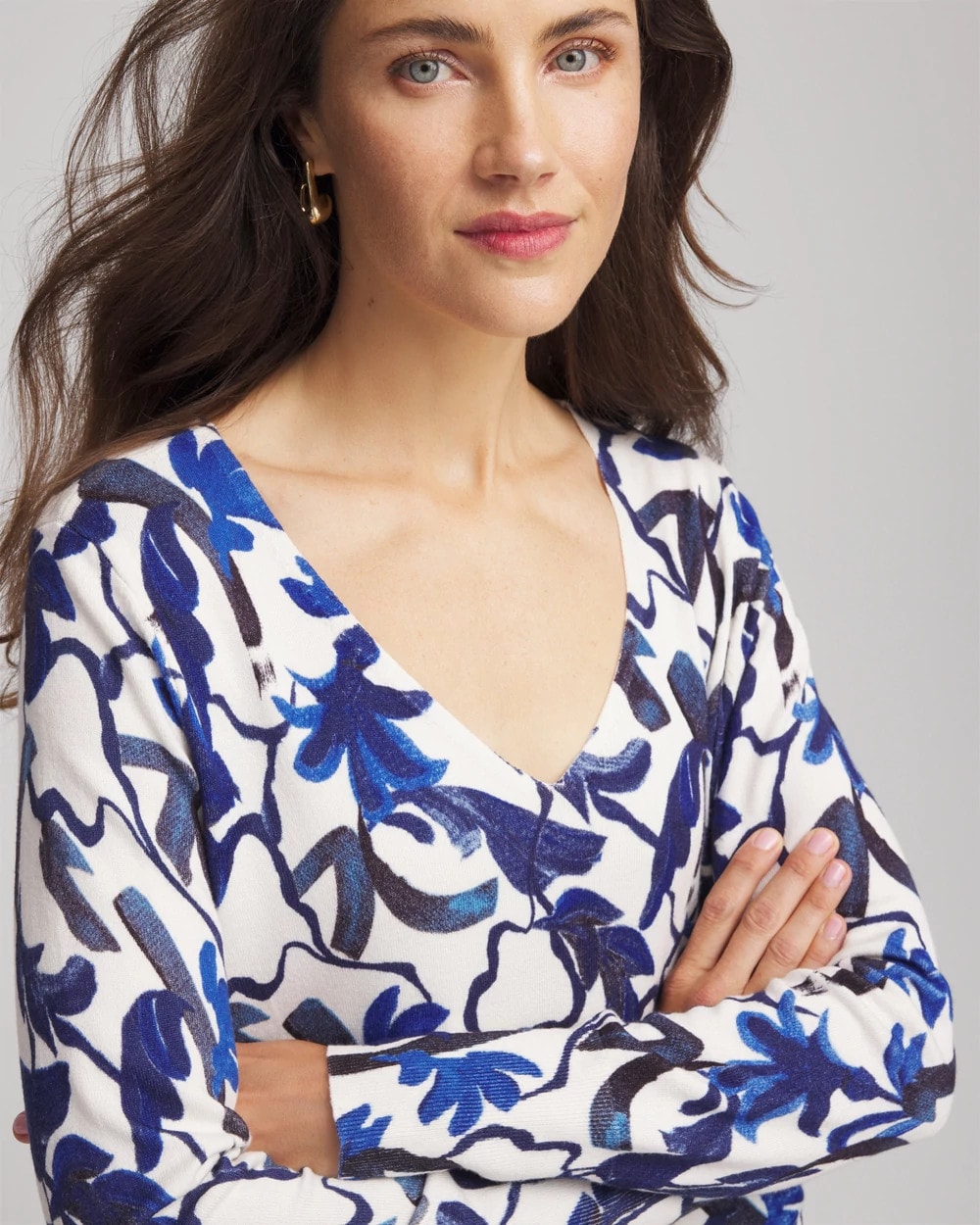 Chico's Ella V-Neck Blue-Petals Pullover Sweater