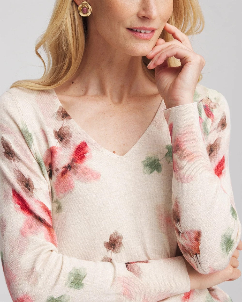 Chico's Ella Flowers & Cream Pullover Sweater