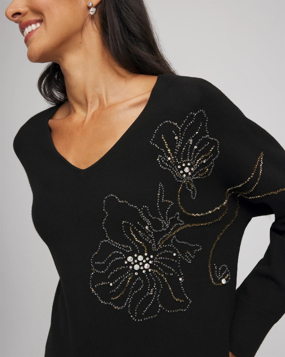 Chico's Floral Embellished Dolman V-Neck Pullover