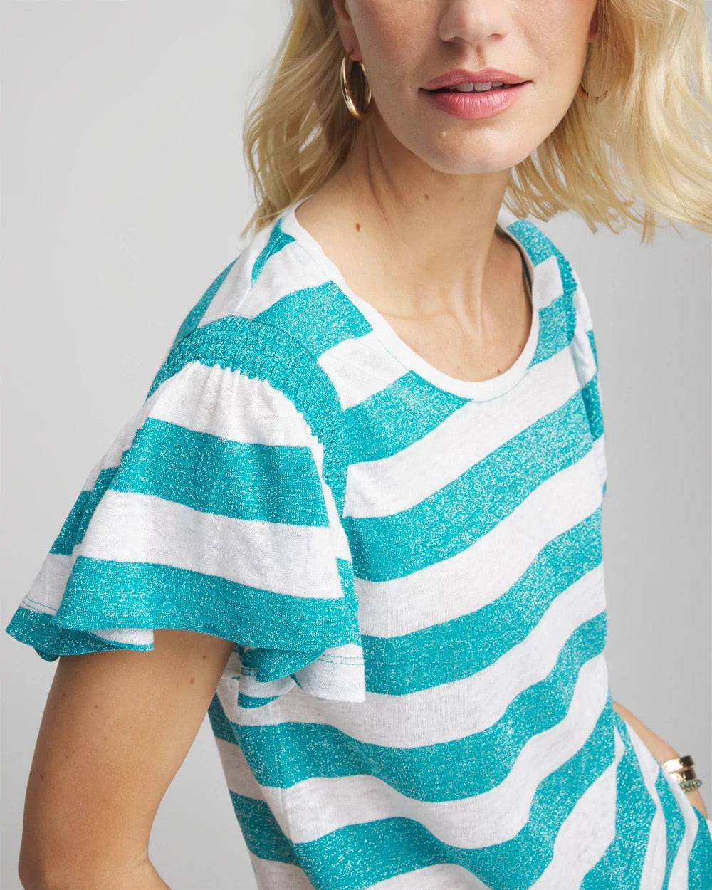 Chico's Linen Metallic Striped Flutter-Sleeve Tee