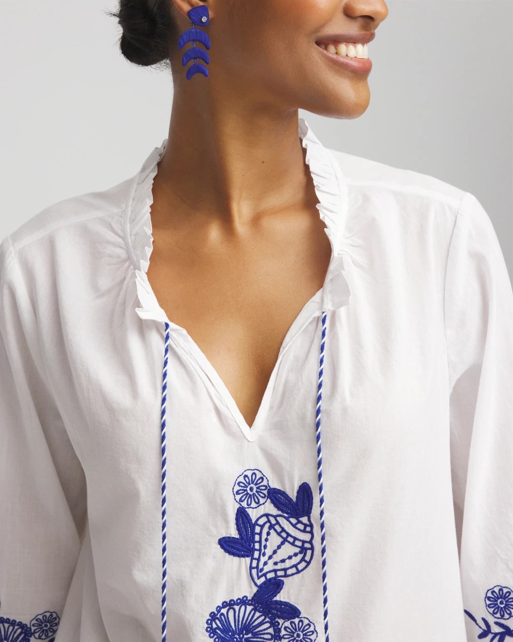 Chico's Embroidered Tassel Tie-Front Blouse