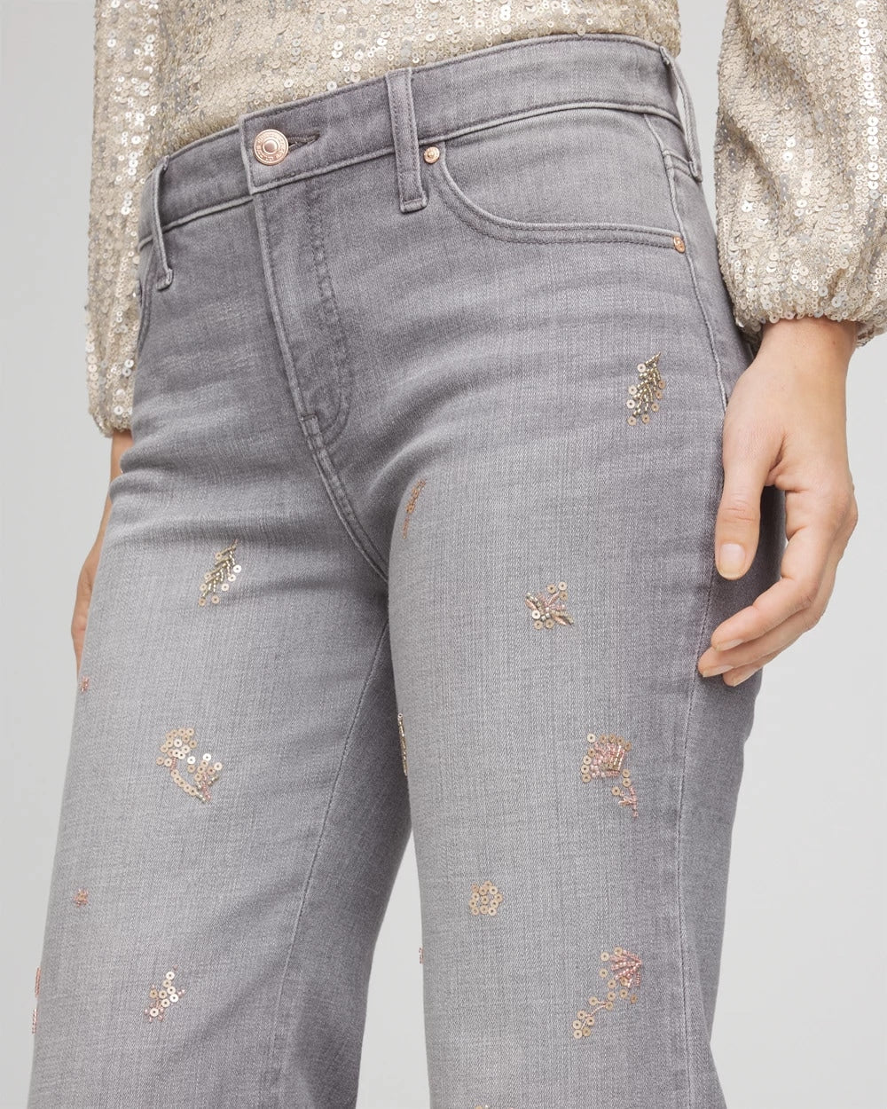 Chico's Rose Gold Embellished Girlfriend Flared Jeans
