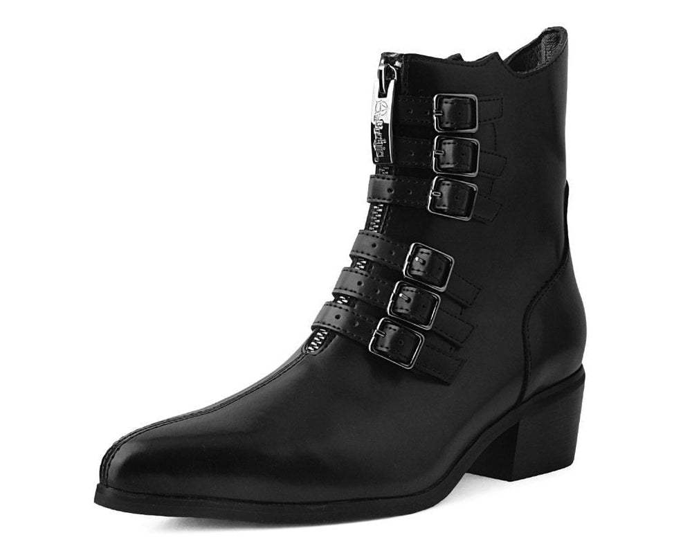 T.U.K. Shoes T2301L Black Victorian Anarchic 6-Buckle Pointed Boot