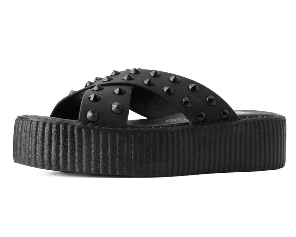 T.U.K. Shoes V3179L Black TUKskin™ Cross Strap Studded Sandal