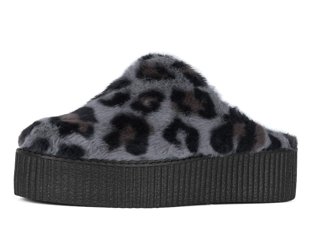 T.U.K. Shoes V3445L Grey Leopard Faux Fur Creeper Mule