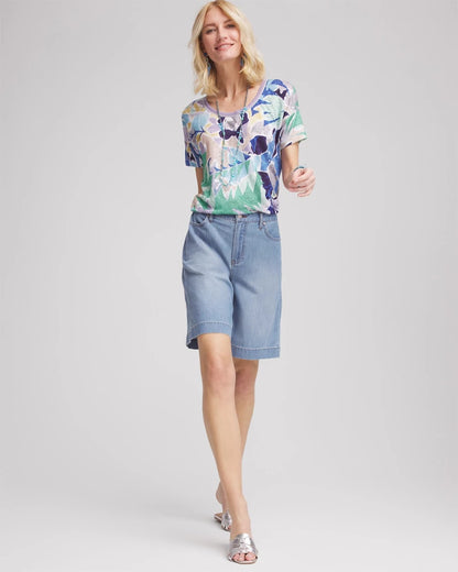 Chico's Tropical Nights Sweater-Trim Linen Tee