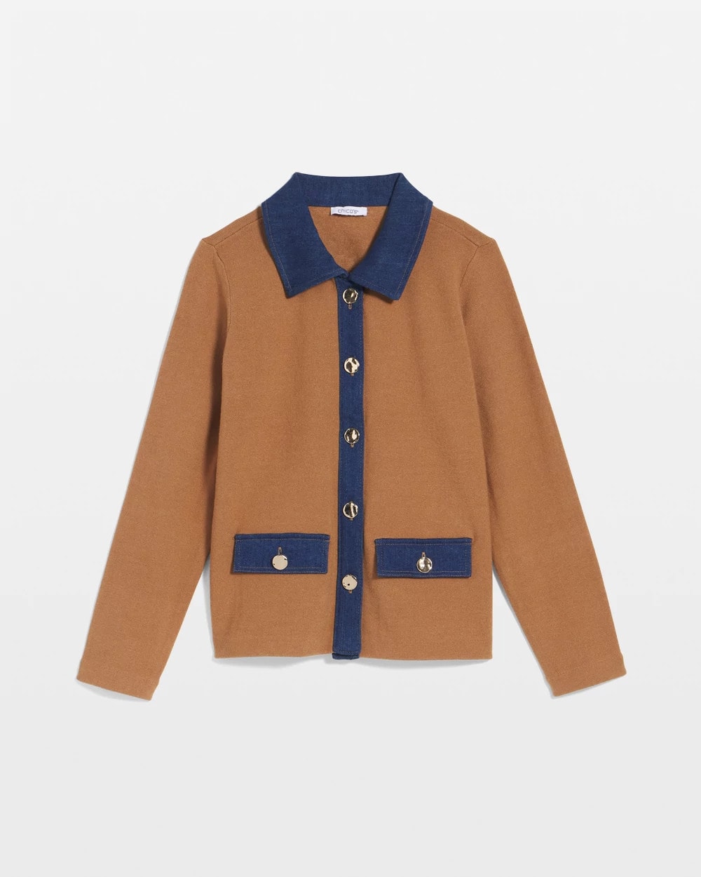 Chico's Collared Denim Trim Cardigan