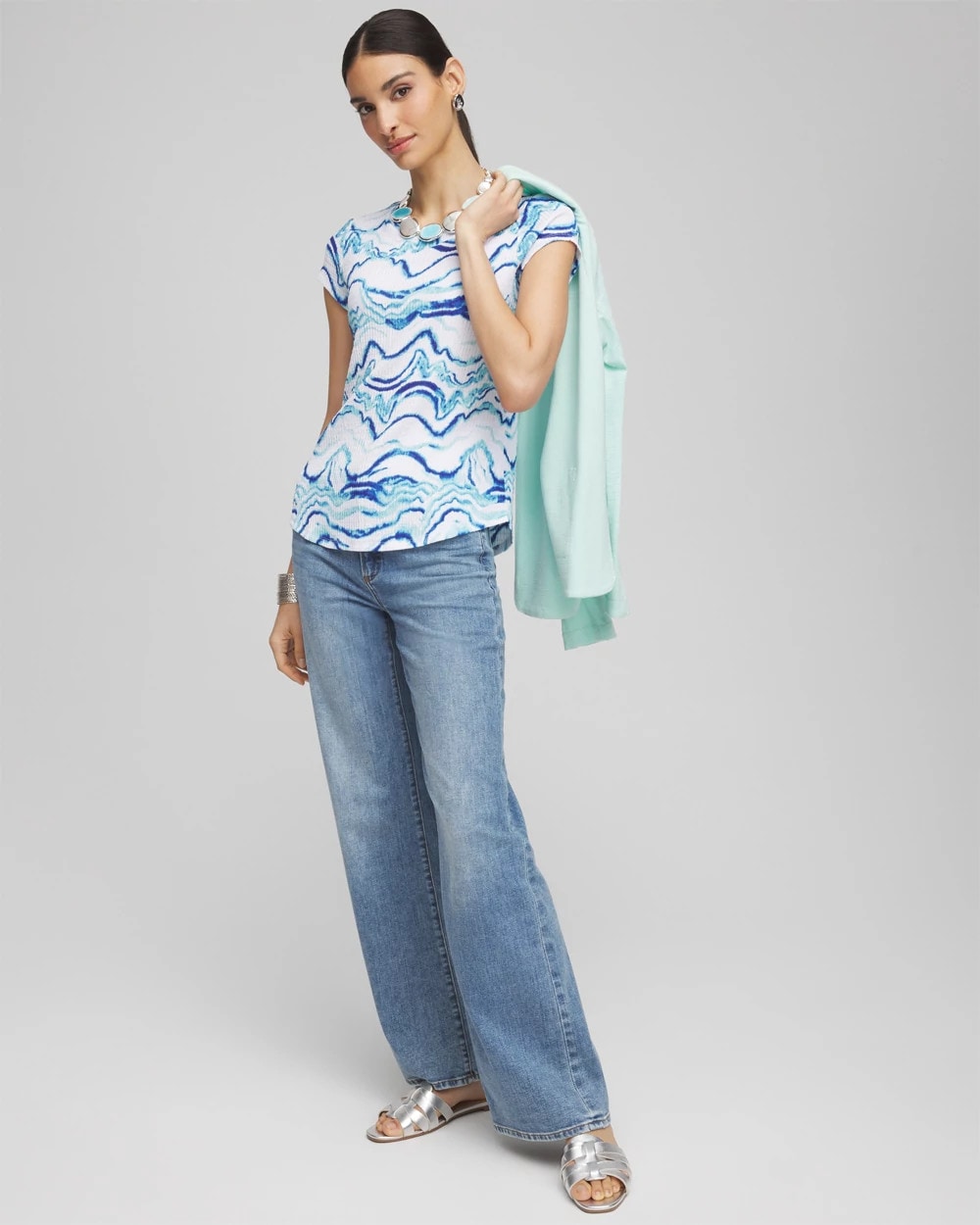 Chico's Ocean Waves Cap Sleeve Dolman Tee