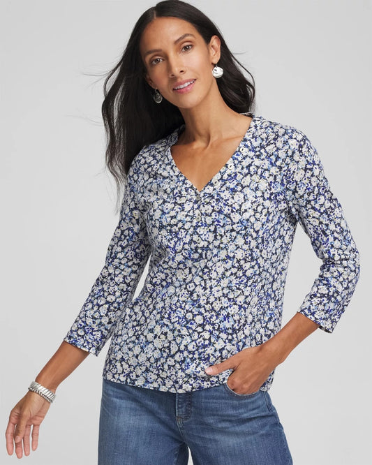 Chico's Printed Slub Splitneck Button Tee