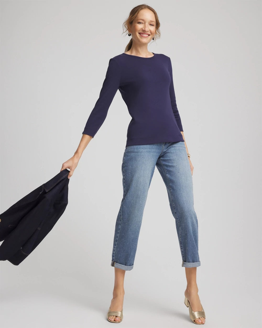 Chico's Pima Cotton Crewneck Button Tee