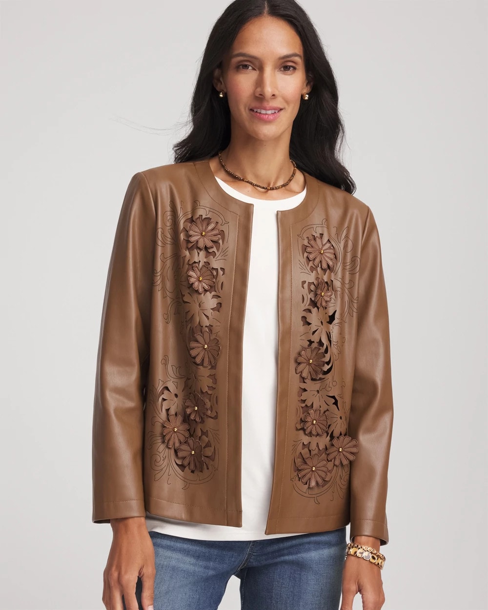 Chico's Floral Cutwork Faux Leather Jacket