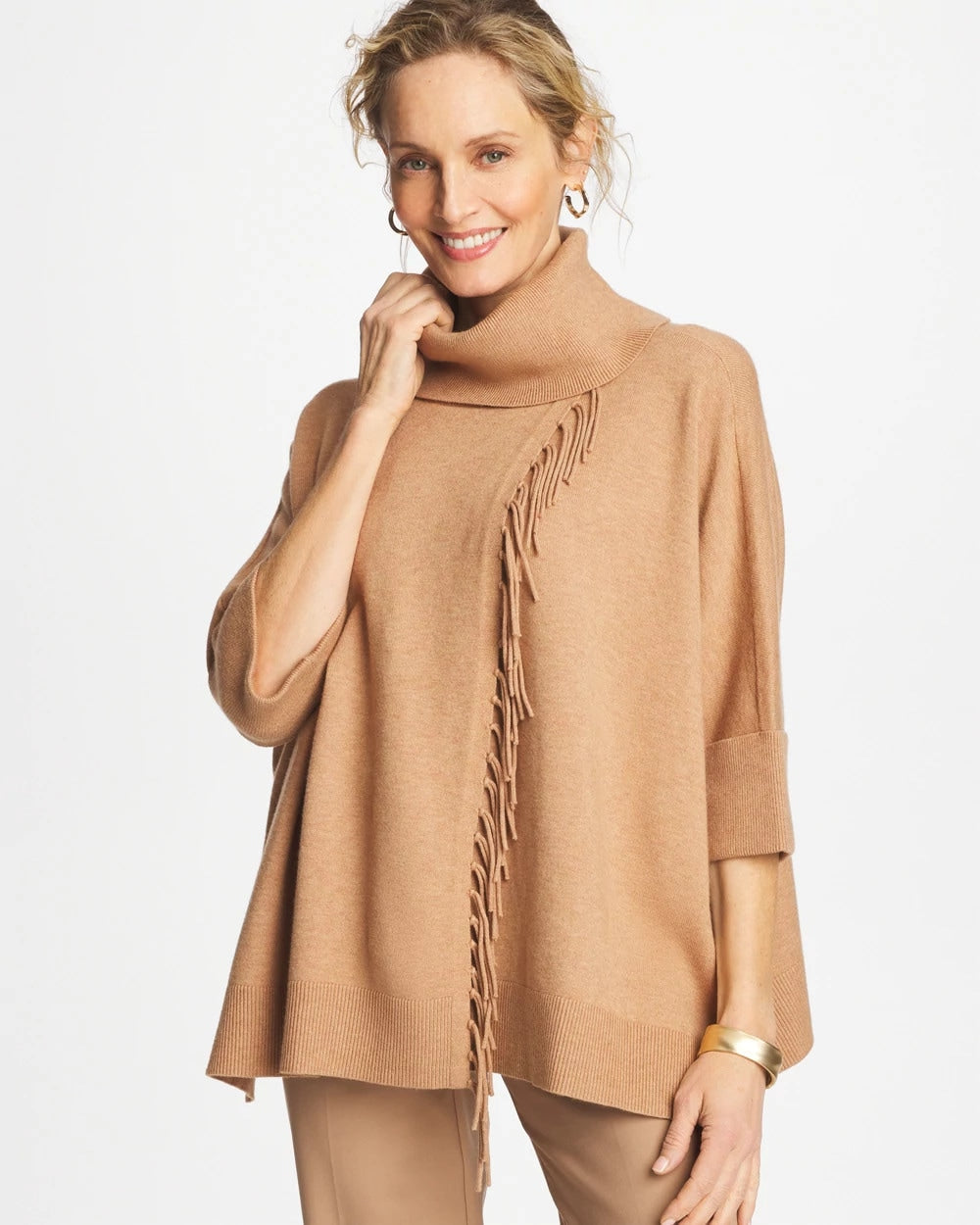 Chico's Cowlneck Knit Fringe Poncho