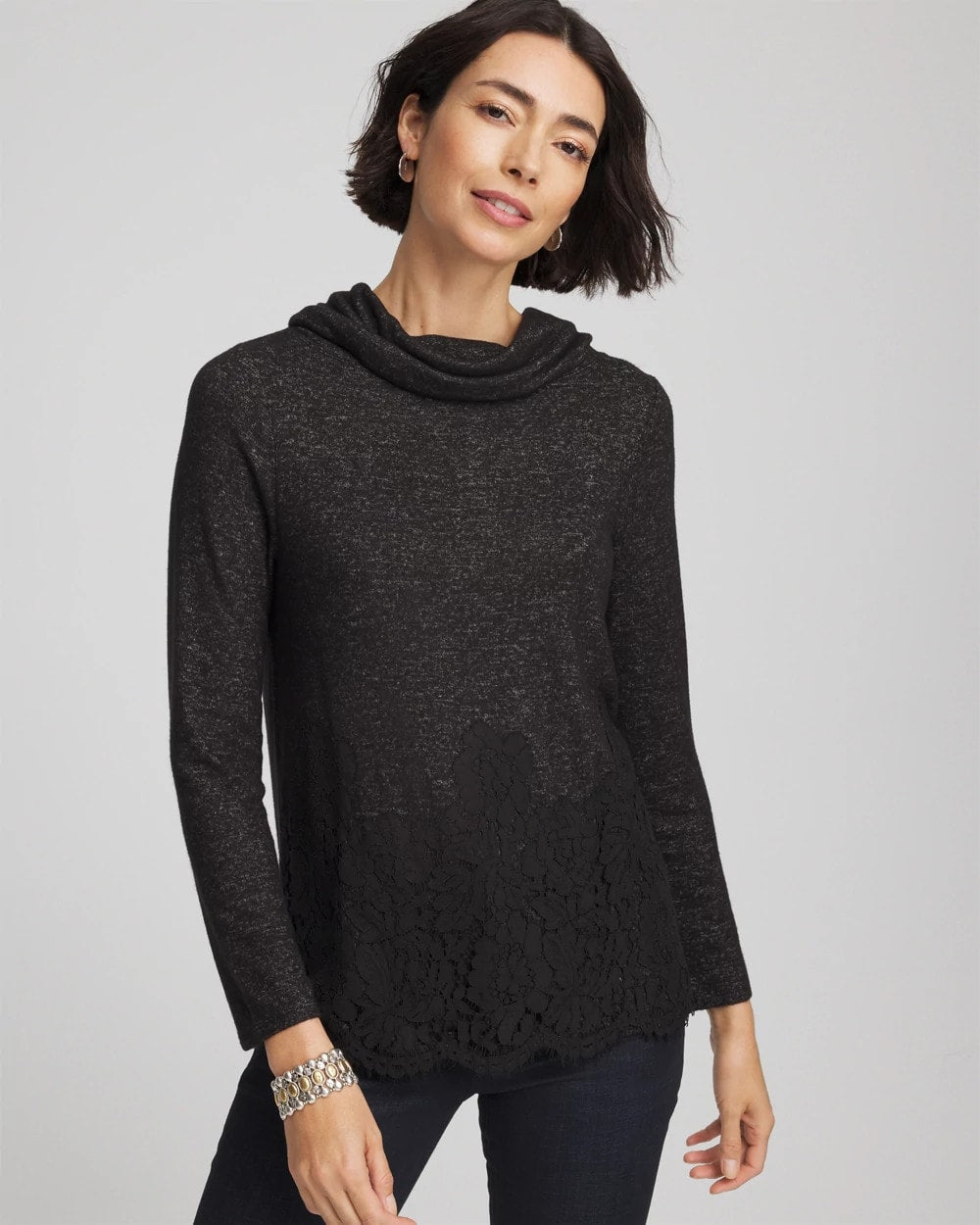Chico's Lace Hem Cowlneck Top