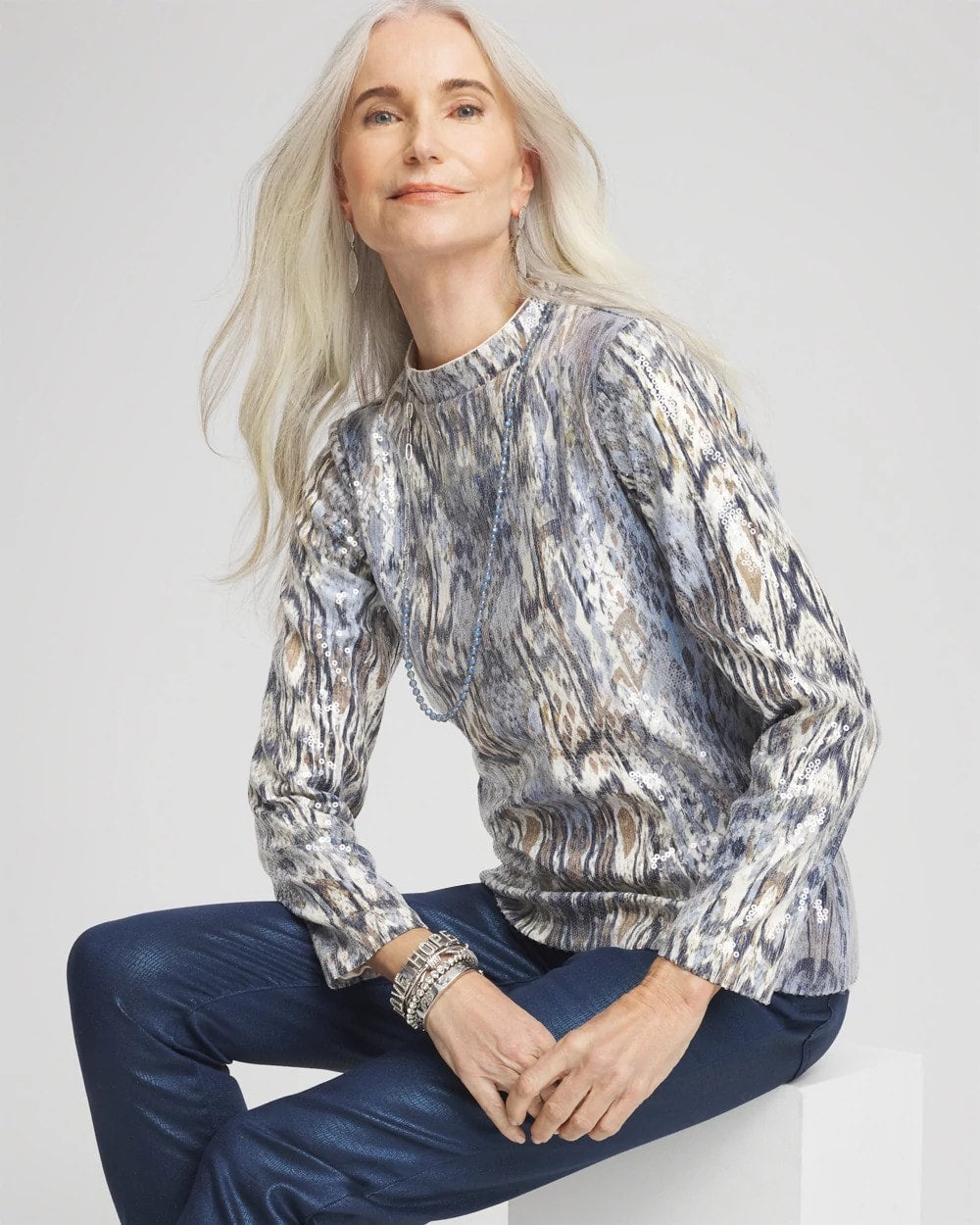 Chico's Sequin Reptile Funnel Neck tee