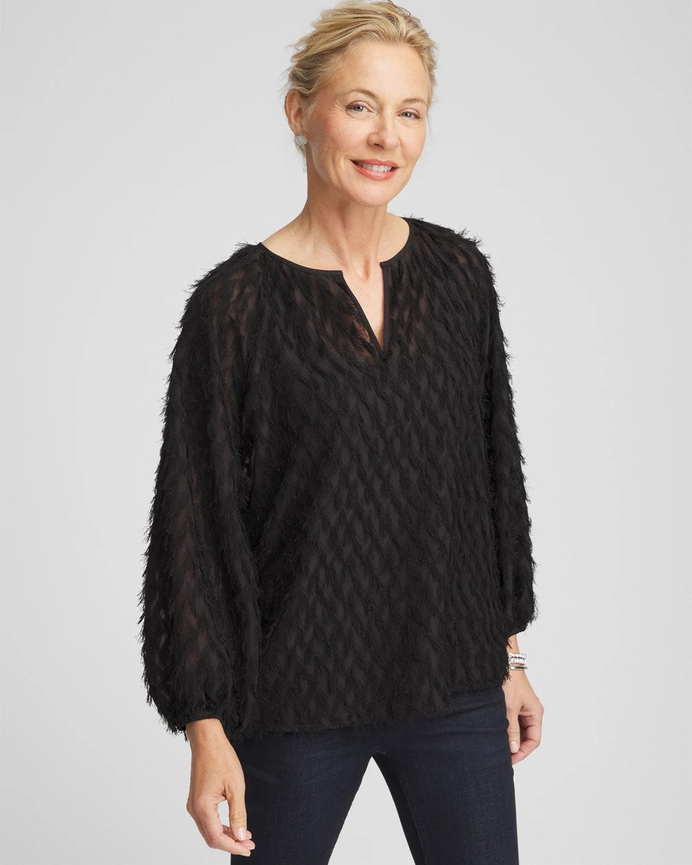 Chico's Feathered Pullover Peasant Blouse