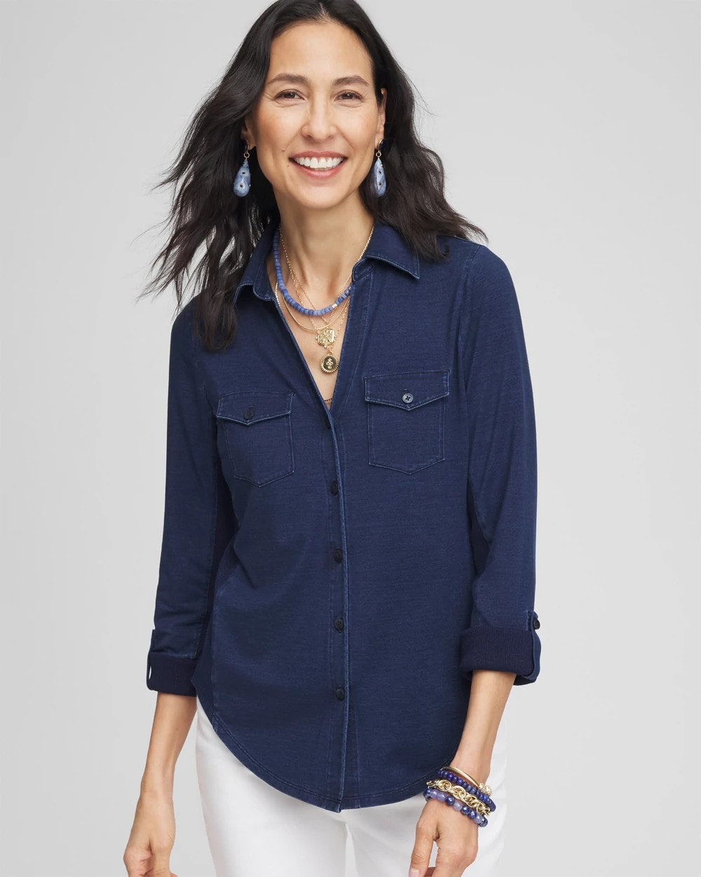 Chico's Collared Henley Denim Top