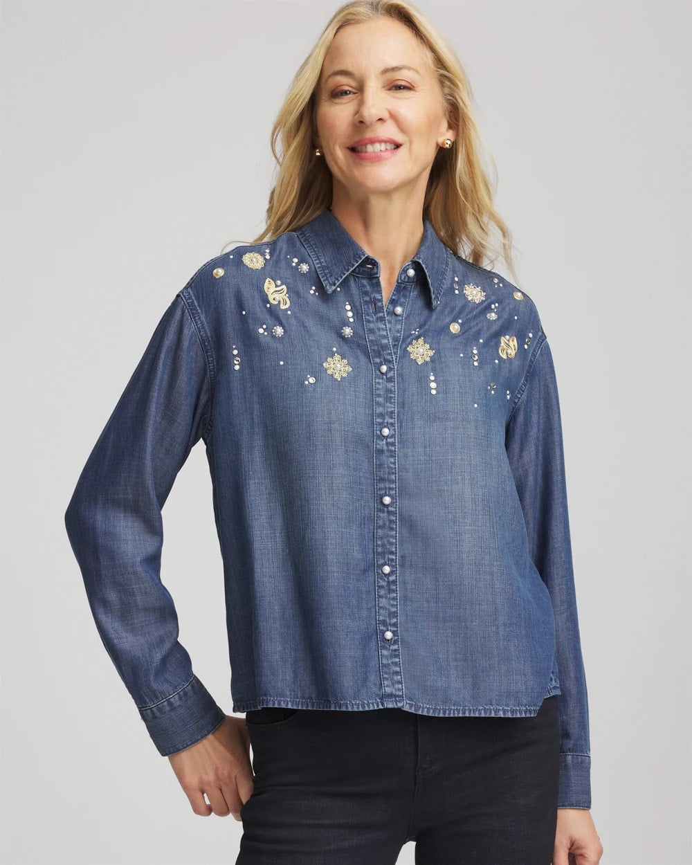 Chico's Embellished Tencel Collar Shirt