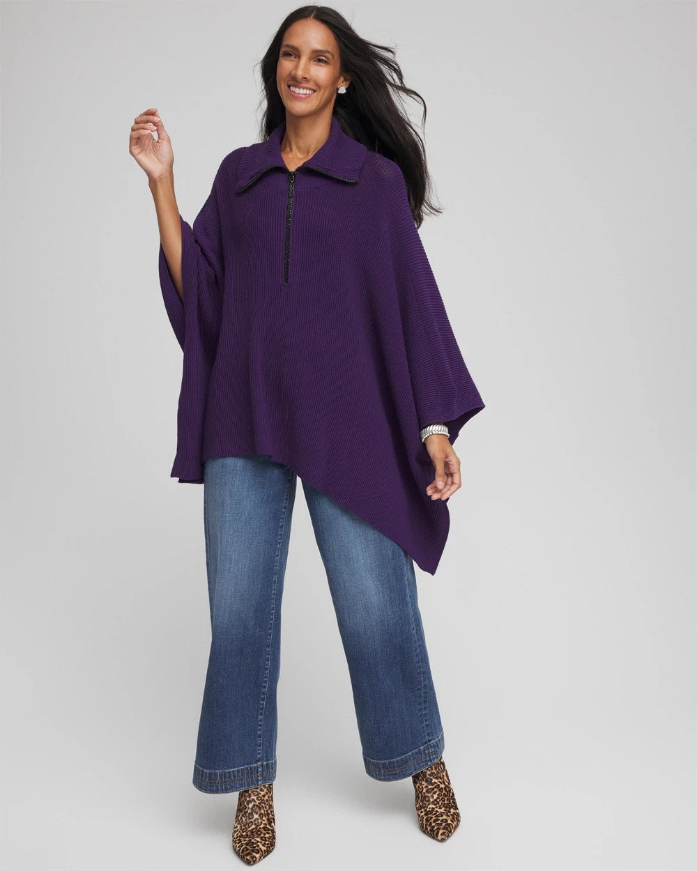Chico's Rhinestone Zip-Collar Sweater Poncho