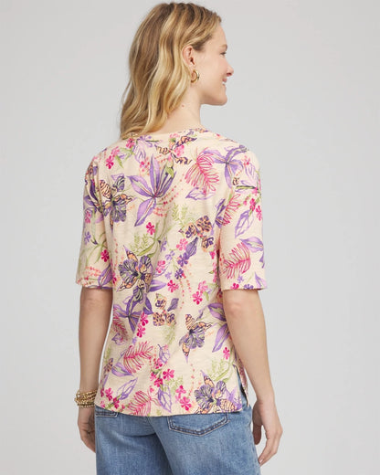 Chico's Tropical Floral Elbow-Sleeve Tee