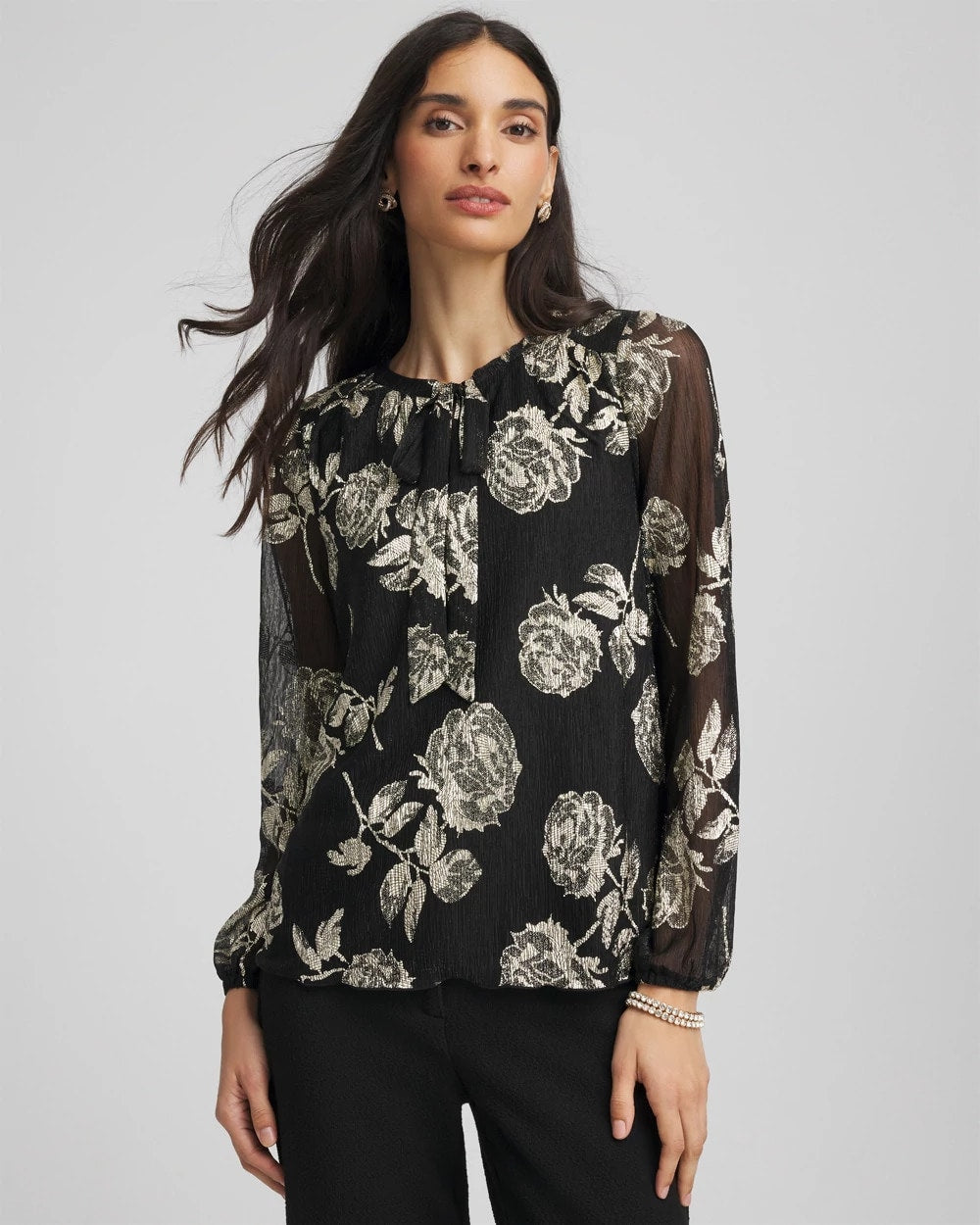 Chico's Floral Metallic Bodre Top