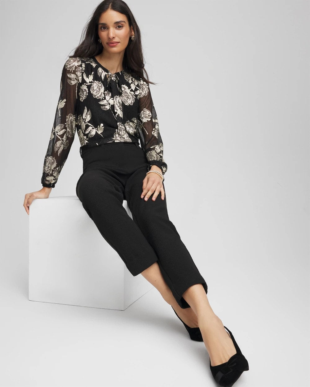 Chico's Floral Metallic Bodre Top