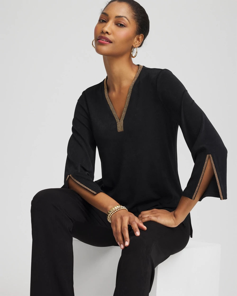 Chico's Travelers™ Embellished V-Neck Flutter Sleeve Tunic