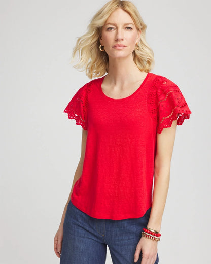 Chico's Linen Embroidered Lace Tee