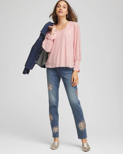 Chico's Crinkle Bodre Voop Neck Top