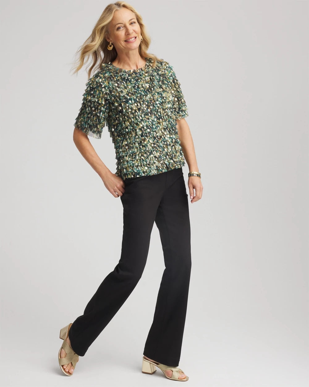 Chico's Foiled Mesh Ruffle Crop Tee