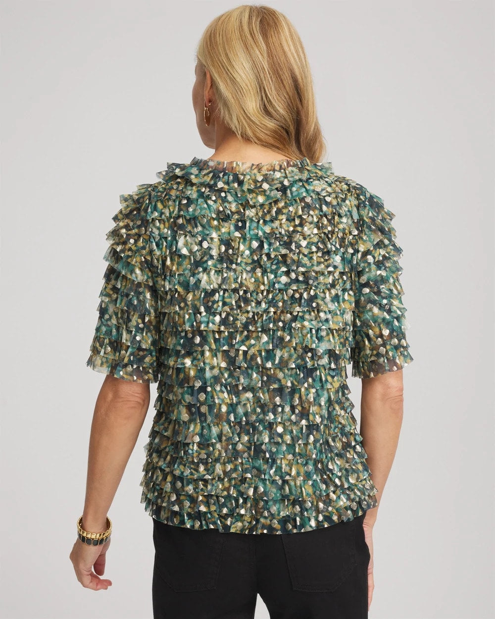 Chico's Foiled Mesh Ruffle Crop Tee