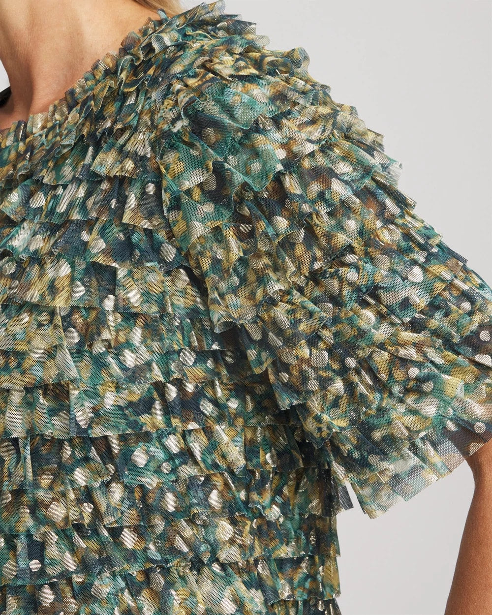 Chico's Foiled Mesh Ruffle Crop Tee