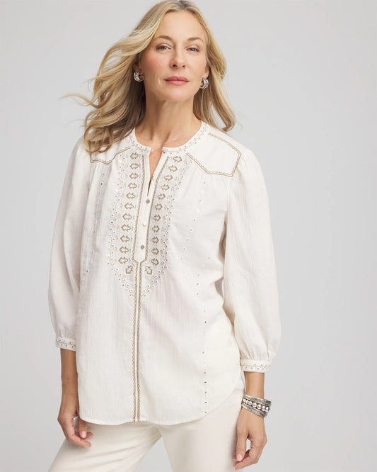 Chico's Embroidered Crinkle-Cotton Blouse