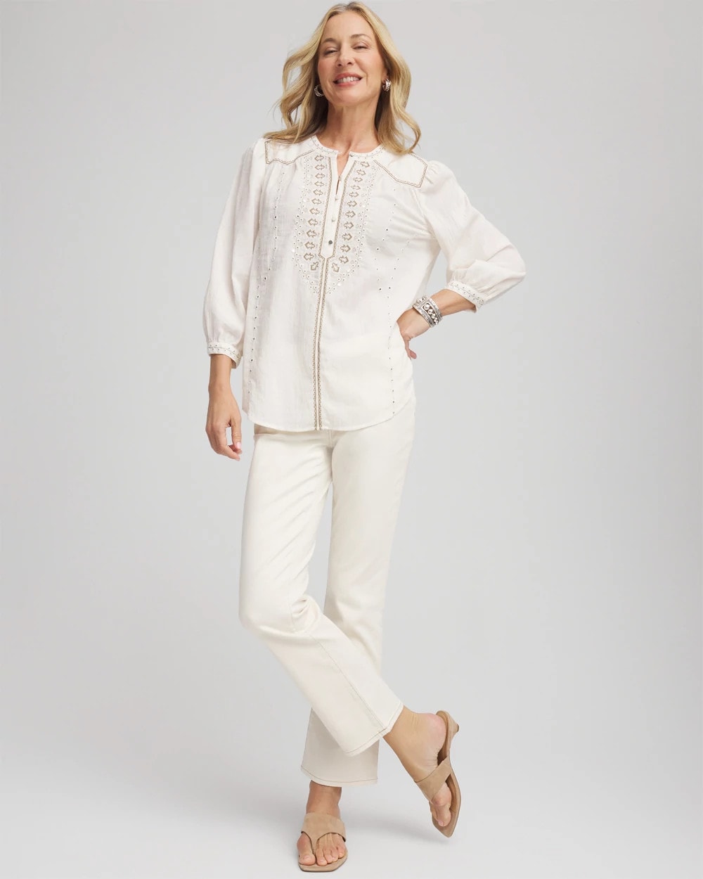 Chico's Embroidered Crinkle-Cotton Blouse