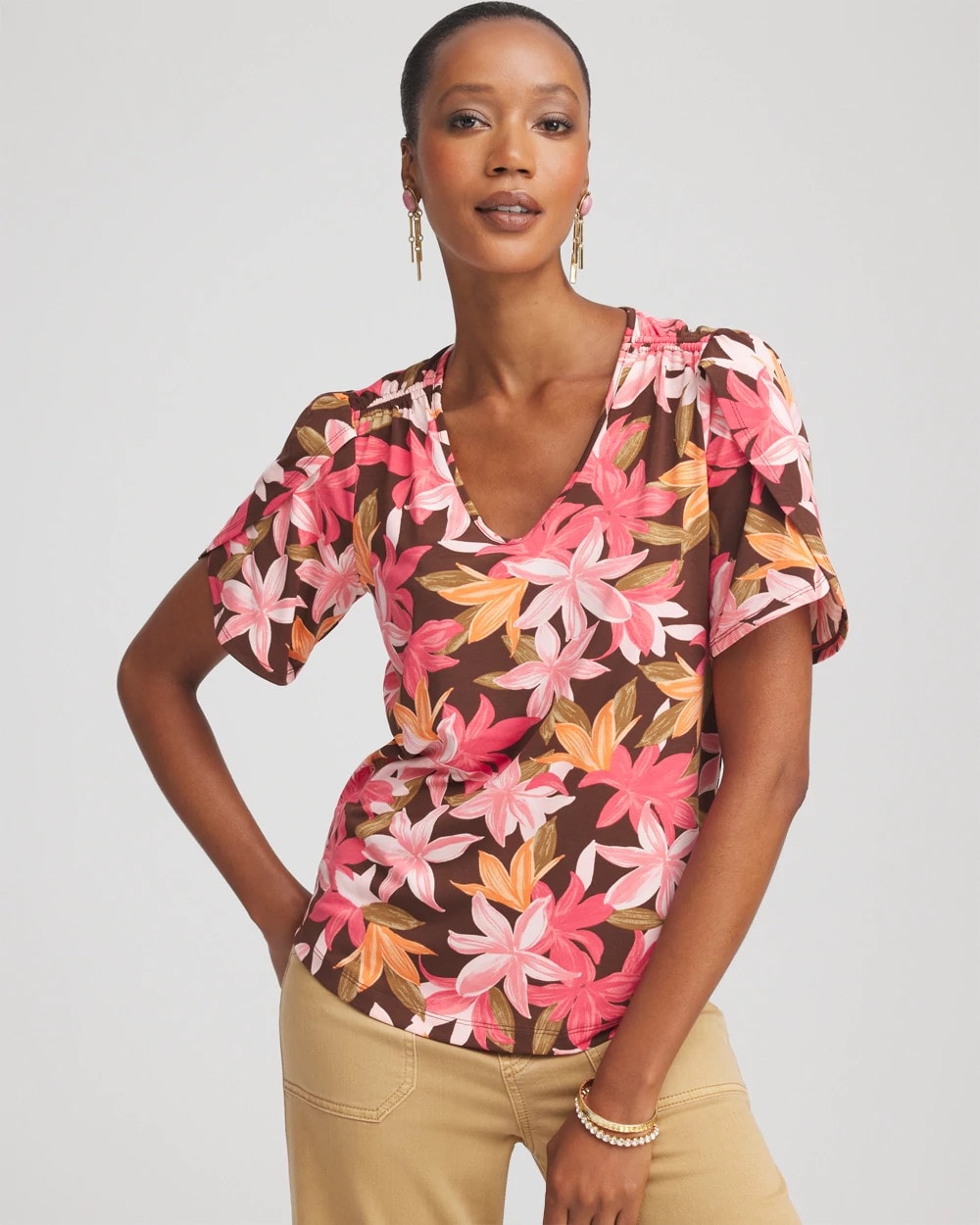 Chico's Floral Petal-Sleeve Voop Neck Tee
