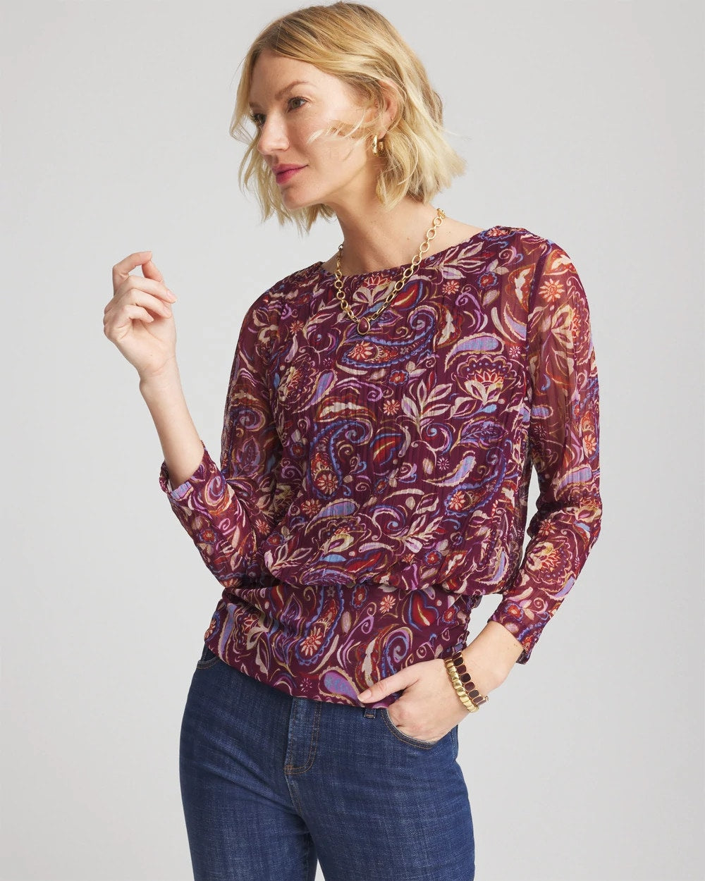 Chico's Paisley Textured Banded-Hem Top