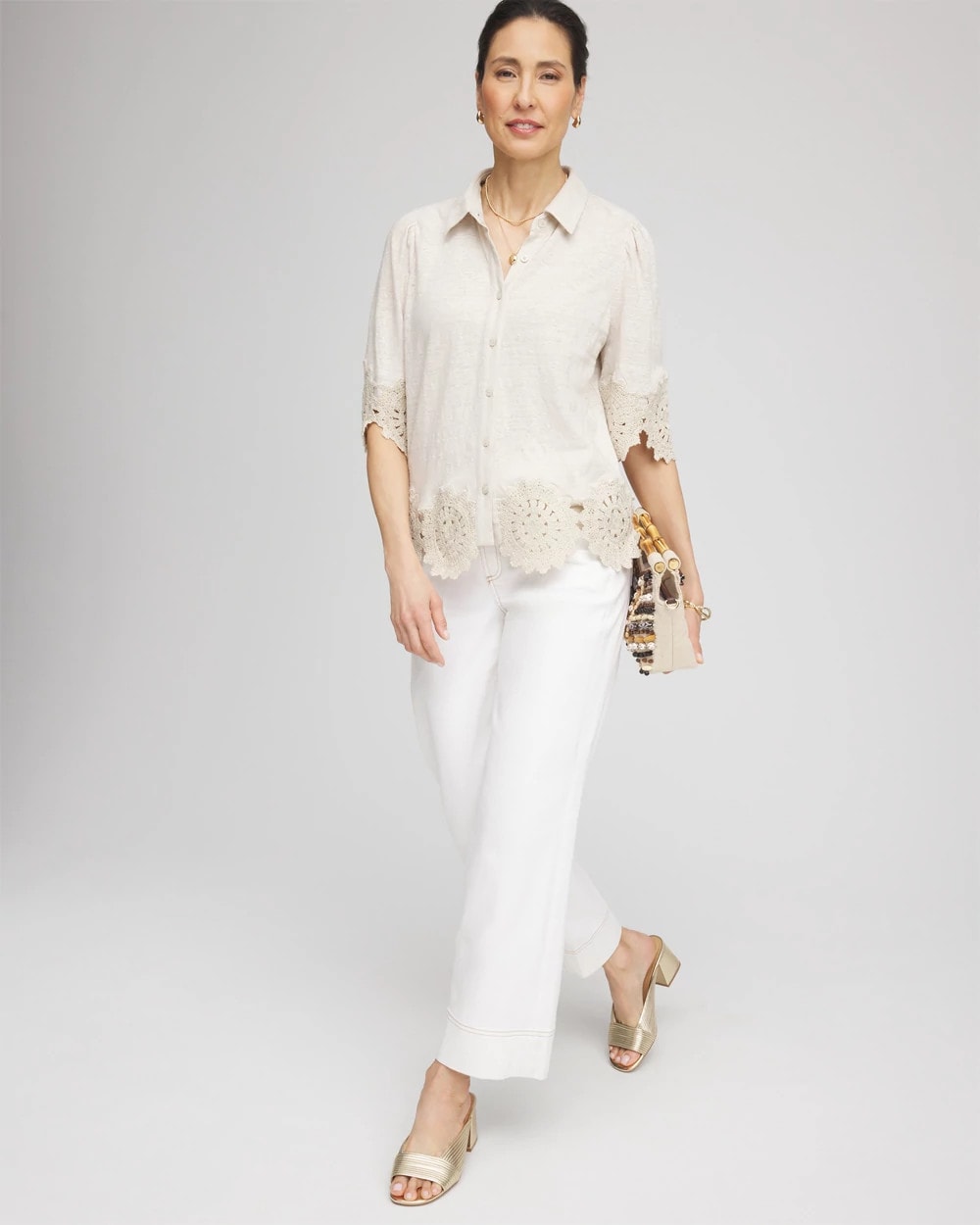 Chico's Crochet Trim Linen Shirt