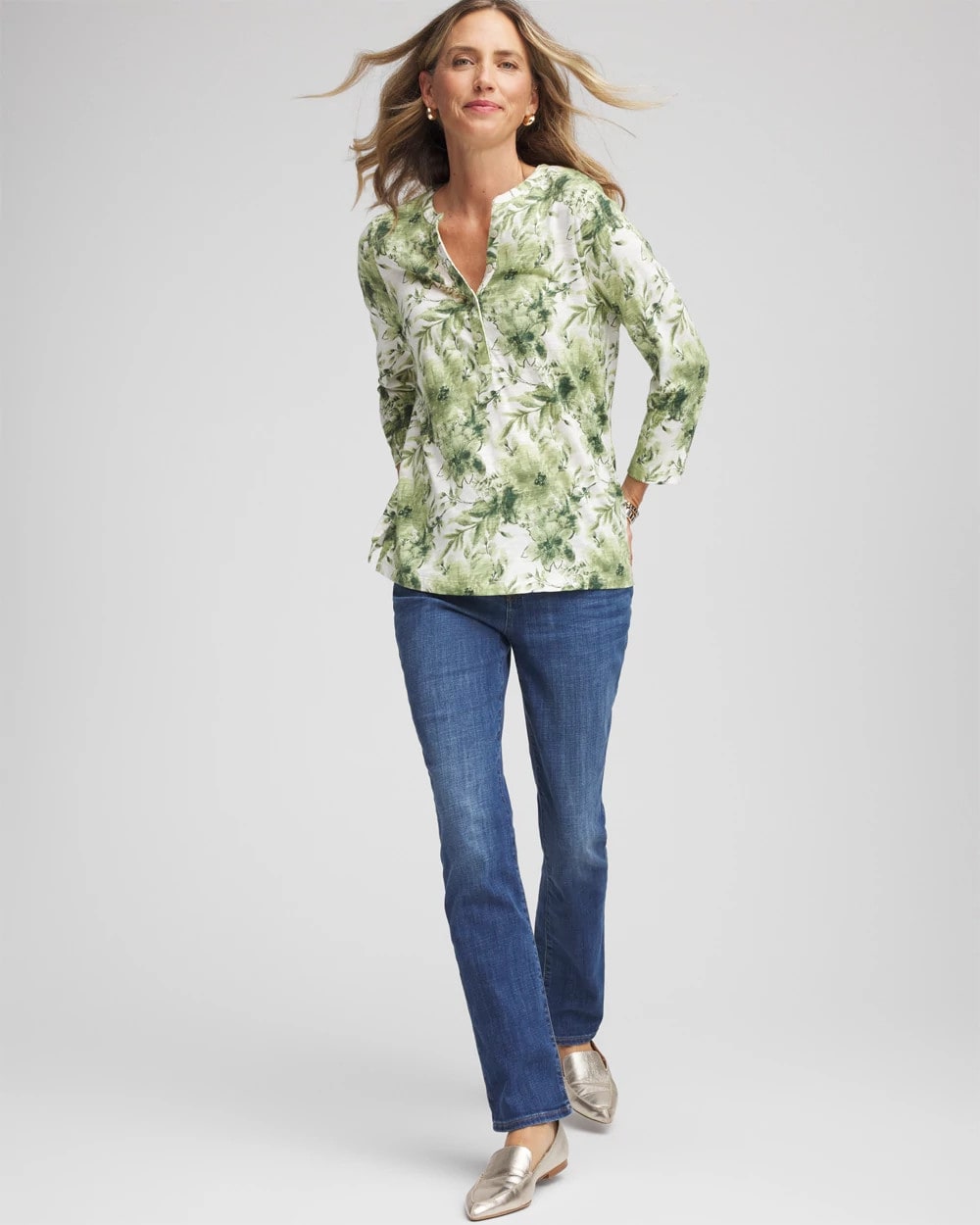 Chico's Printed Slub Splitneck Henley Tee