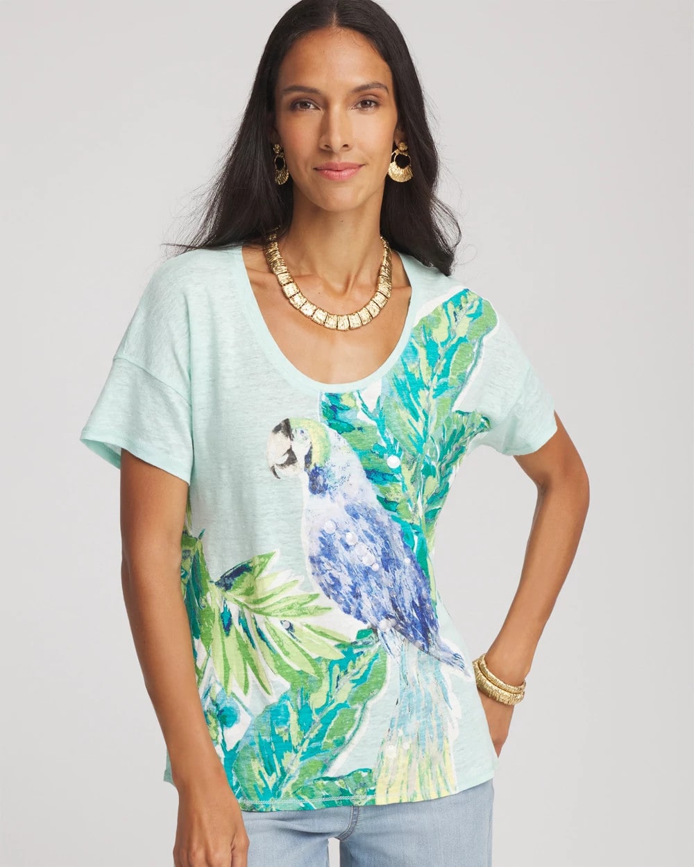 Chico's Linen Embellished Parrot Easy Tee