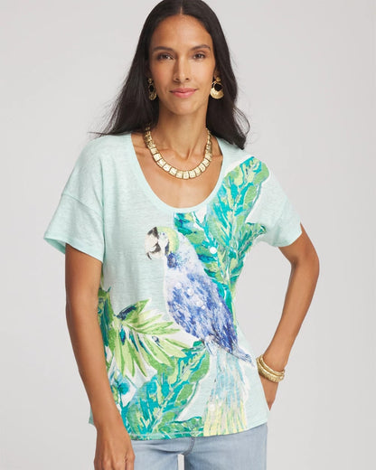 Chico's Linen Embellished Parrot Easy Tee