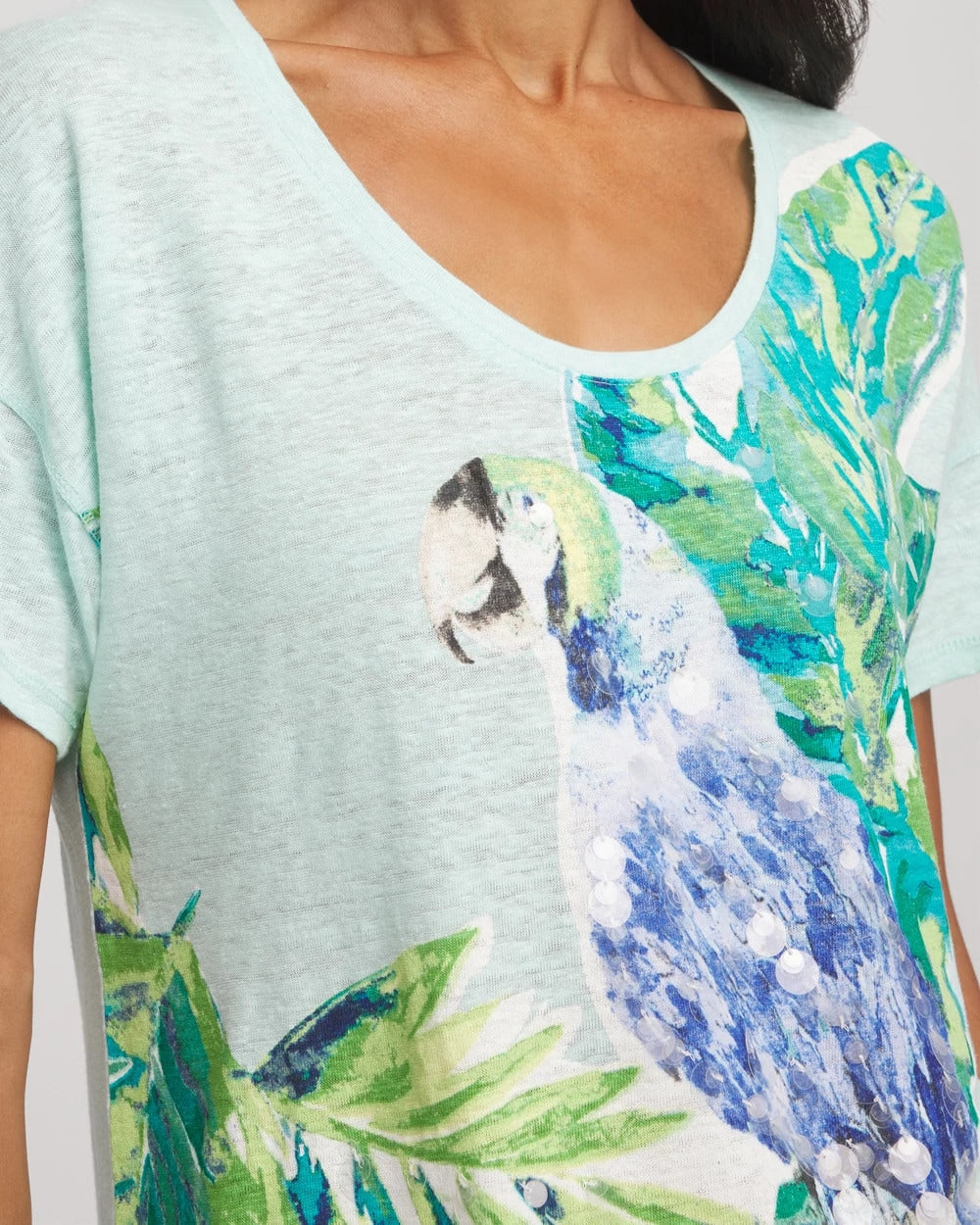 Chico's Linen Embellished Parrot Easy Tee