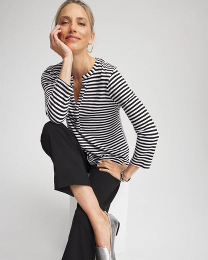 Chico's Striped Slub Splitneck Henley Tee