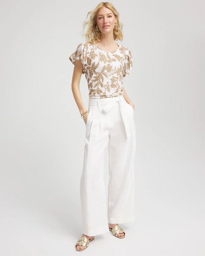 Chico's Linen Leaf Print Flutter Sleeve Tee